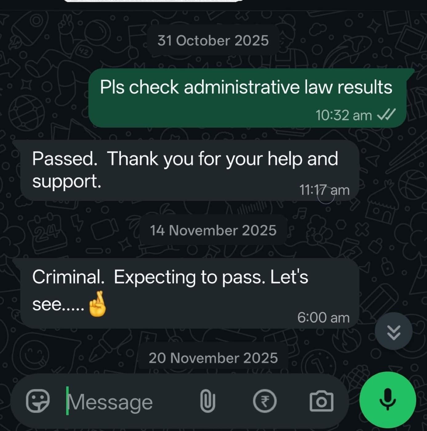 WhatsApp exchange where a student asks for their Canadian Administrative Law results and is told they passed.