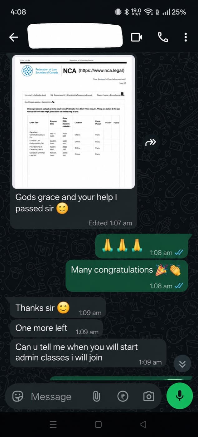 WhatsApp exchange showing an NCA all-subject-passed result notification that a student shared and was congratulated on.