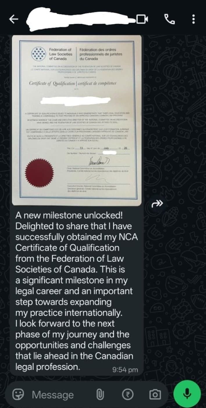 WhatsApp exchange where a student shares their NCA Certificate of Qualification and describes the milestone it represents in their Canadian legal career.