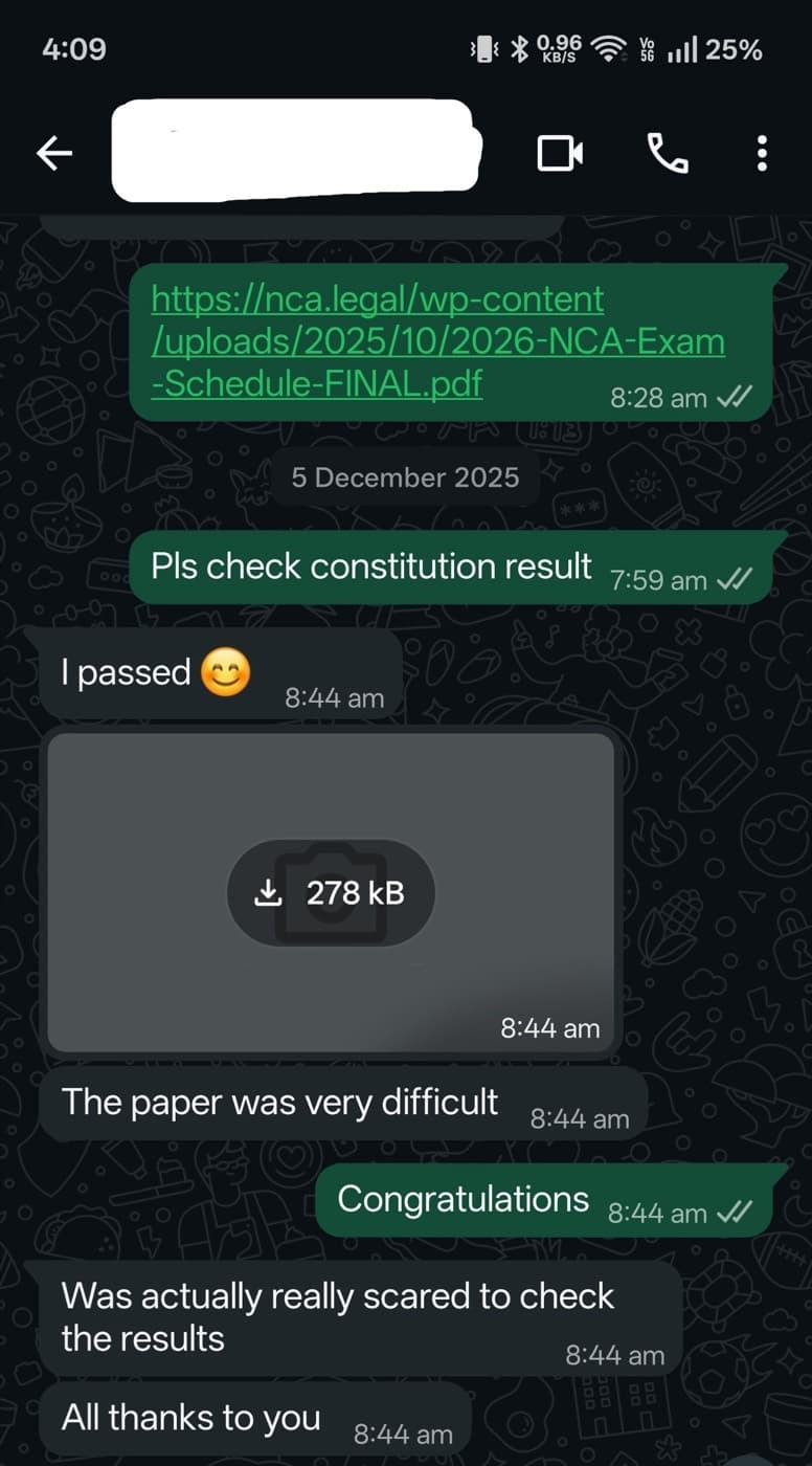 WhatsApp exchange where a student asks for their Canadian Constitutional Law result and is congratulated on passing.
