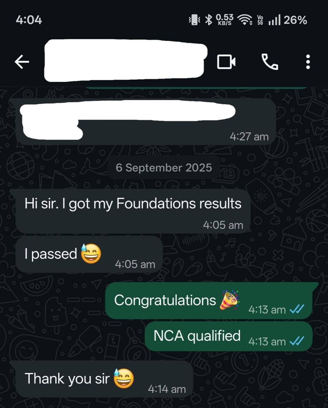 WhatsApp exchange where a student shares their Foundations of Canadian Law results and confirms they passed.