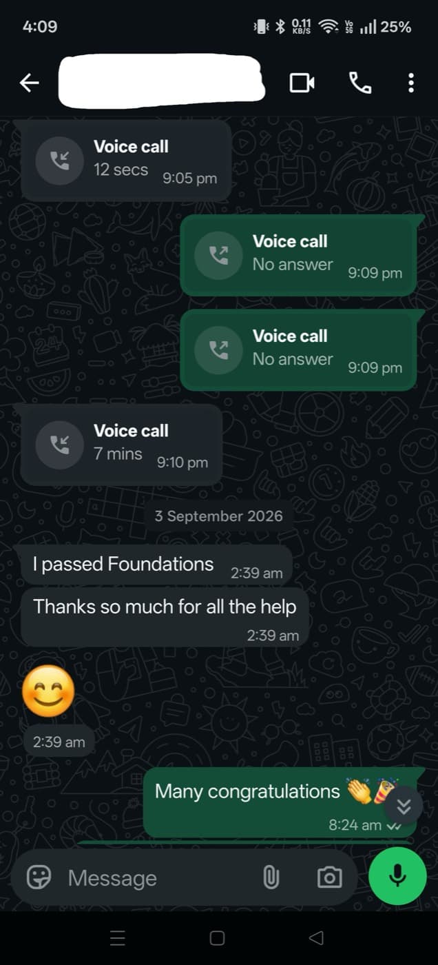 WhatsApp exchange where a student thanks NCA Study Network after passing Foundations of Canadian Law.
