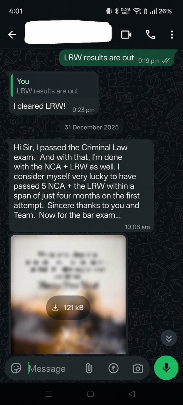 WhatsApp exchange where a student reports that their Legal Research and Writing results are out and that they cleared LRW.