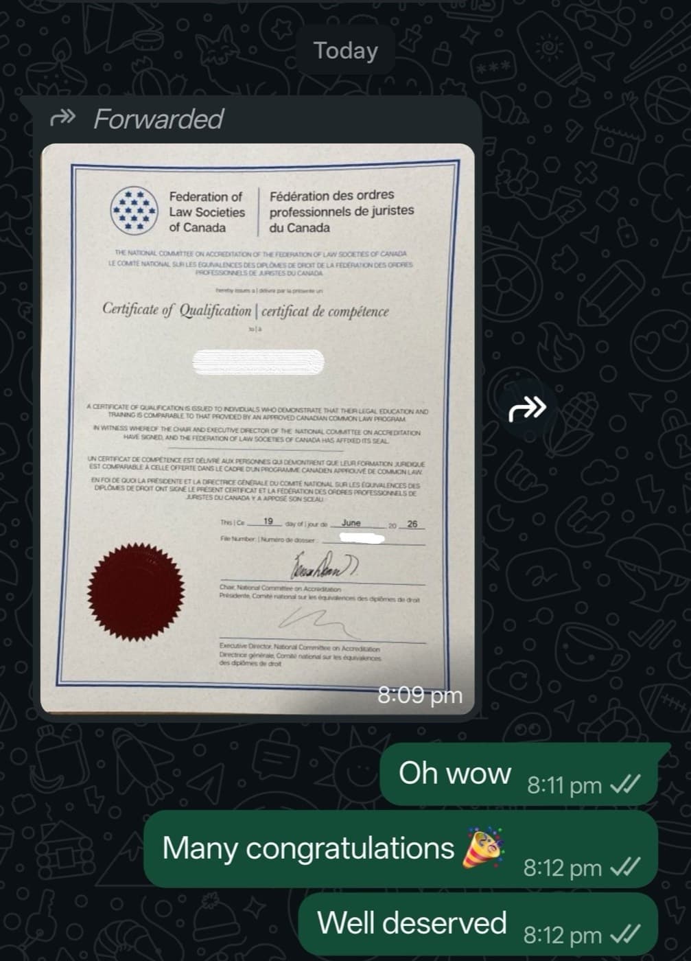 WhatsApp exchange showing an NCA results summary confirming the student passed every subject, received with congratulations.
