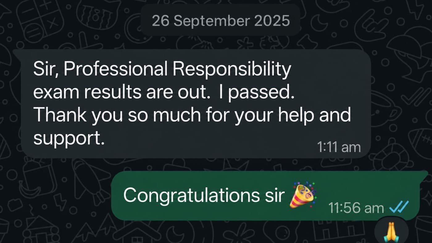 WhatsApp exchange where a student writes that their Professional Responsibility exam results are out and that they passed, thanking NCA Study Network for the help and support.